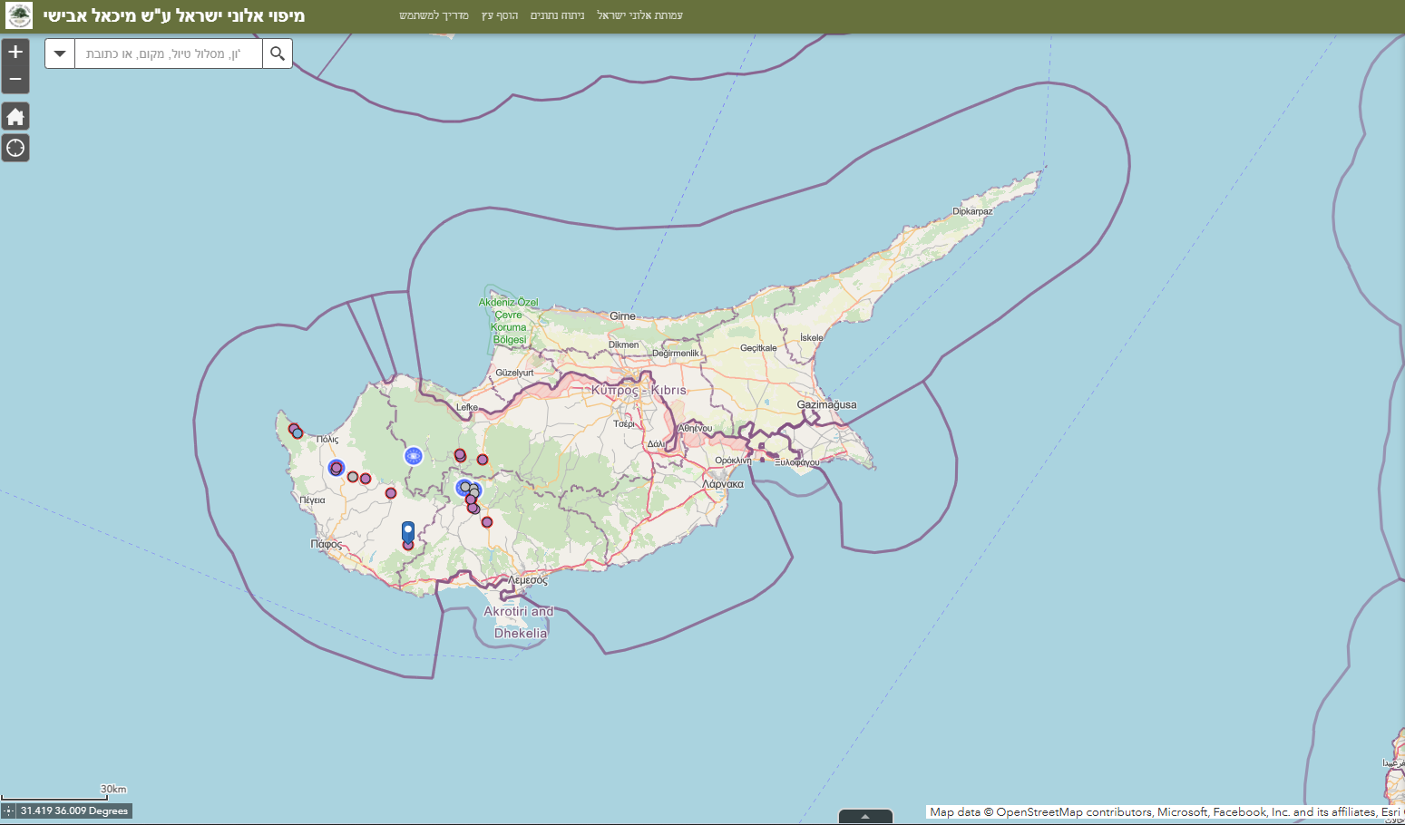 View of Cyprus on the Israel Oak Registry, showing recorded trees