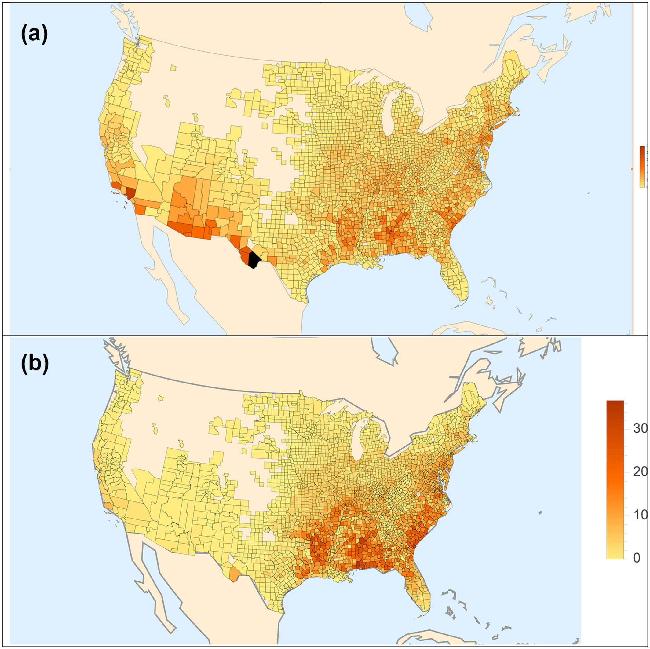 Heat maps of the total local sympatric effect by county in the United States for (a) white and (b) red oaks. Darker colors indicate a greater total amount of local sympatric effect for all species present in the county. Brewster County, Texas, is shaded in black because it has a total lse of 54, which is twice the value of the next highest in the white oaks. The scale runs from 0 to 30 in both graphs.