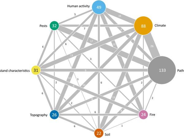 Network map of co-occurrence of causal factor categories identified in the selected papers